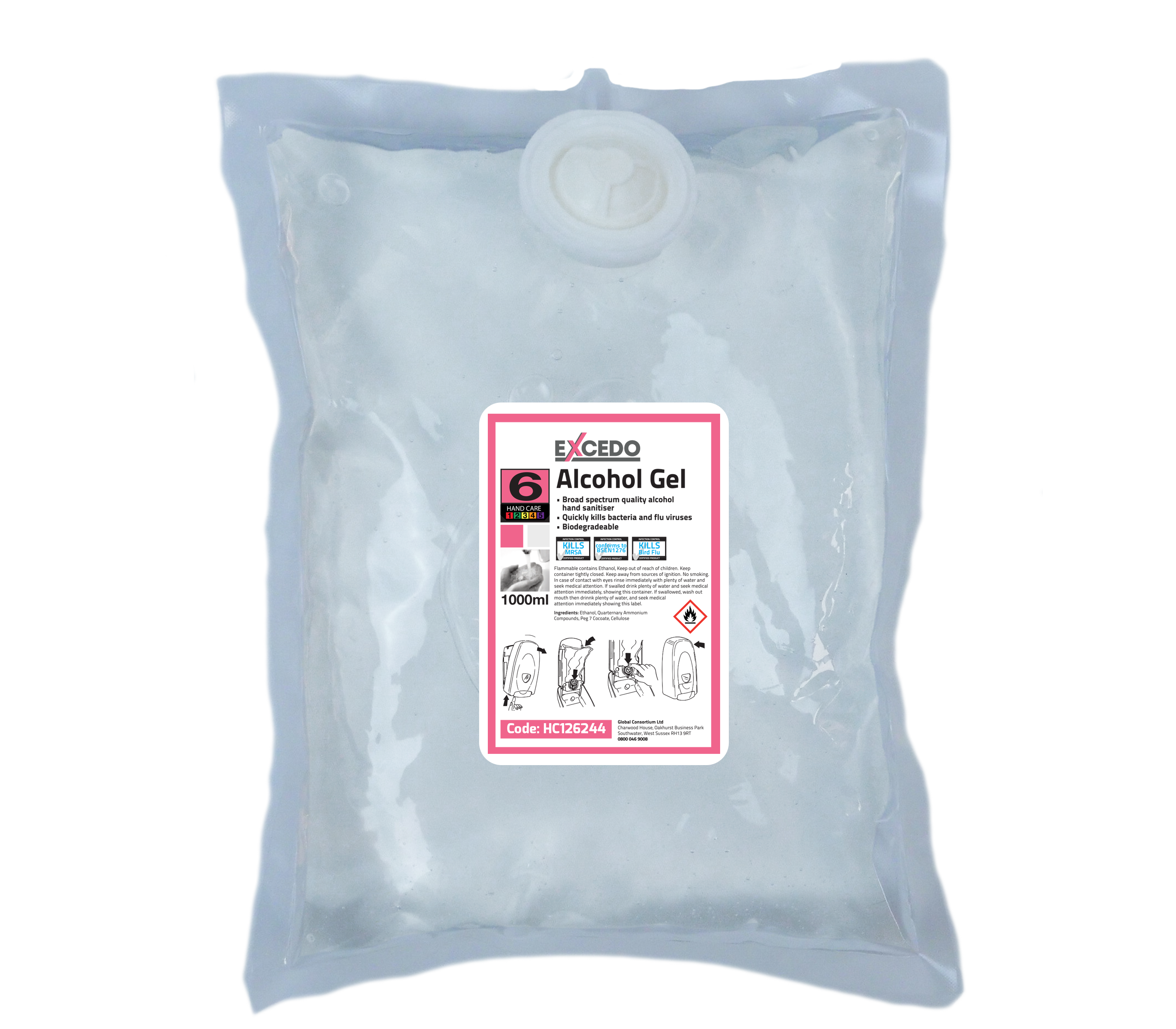 Alcohol Gel Hand Sanitiser - 6x1L Pouches
